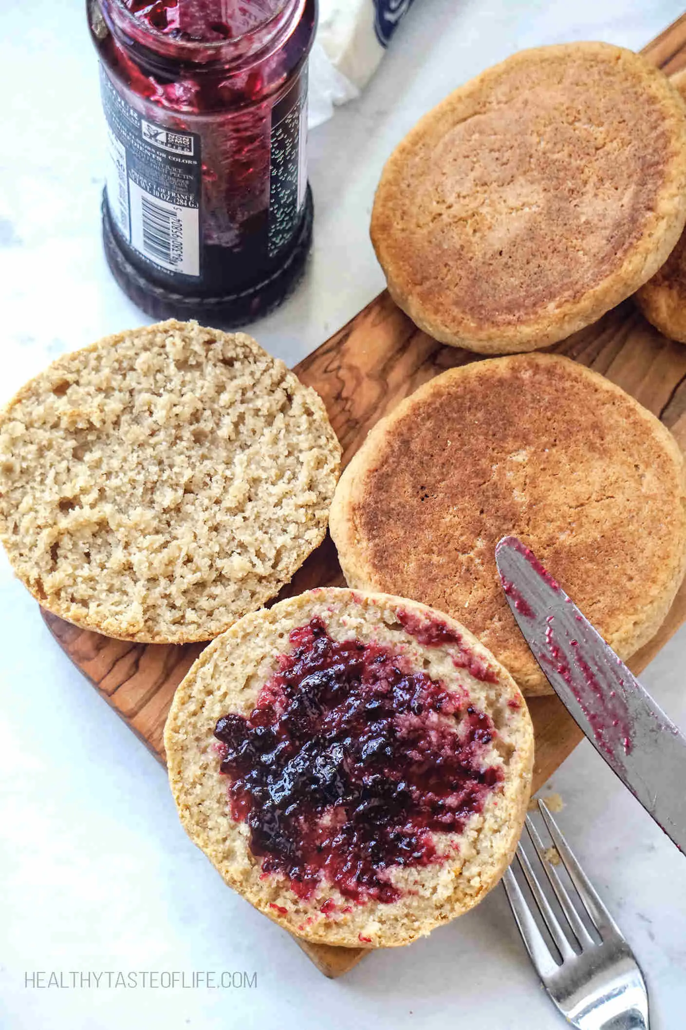 Skinny gluten free English muffins with black currant jam