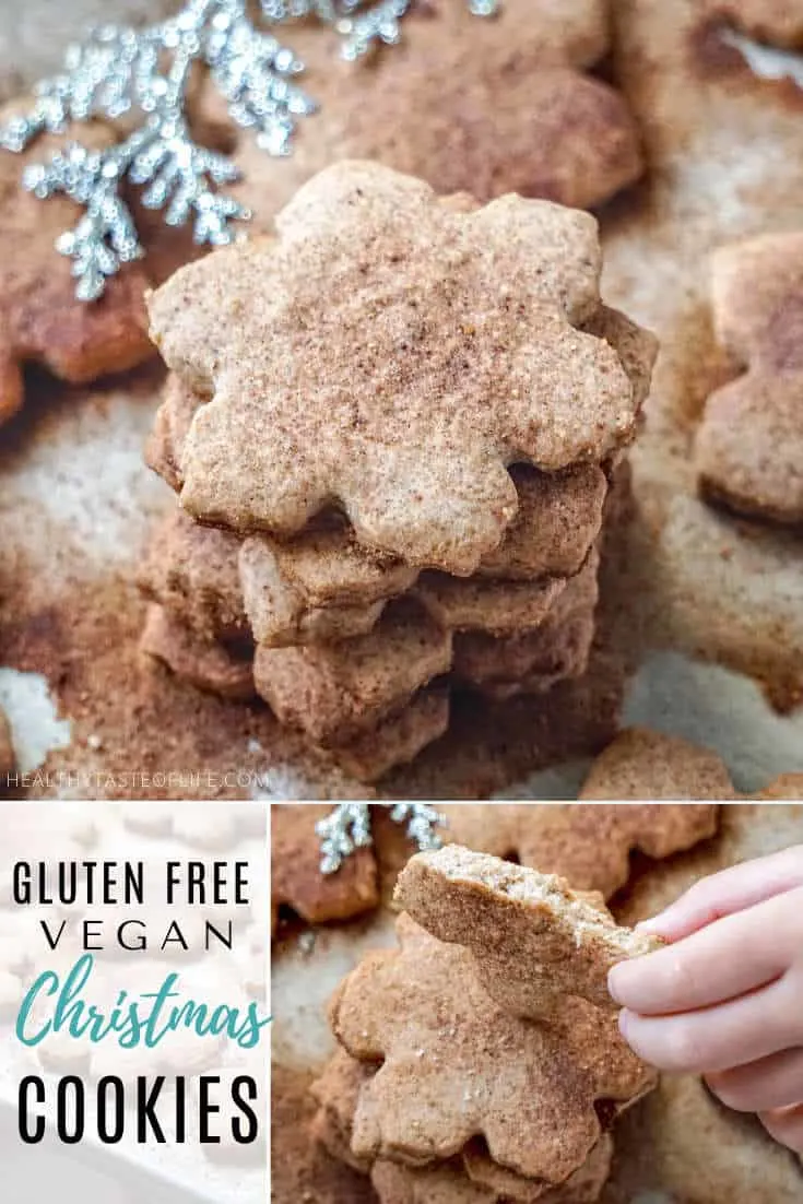 Healthy vegan gluten free sugar cookies recipe for Christmas or other holidays. These healthy gluten free dairy free and egg free sugar cookies are simple easy to cut out and have a fantastic cinnamon and maple flavor! They are crispy, crumbly and addictive.  Learn how to make vegan Gluten Free Sugar Cookies recipe with a how-to video.
#cutoutcookies #sugarcookies #glutenfreecookies #vegan #christmas