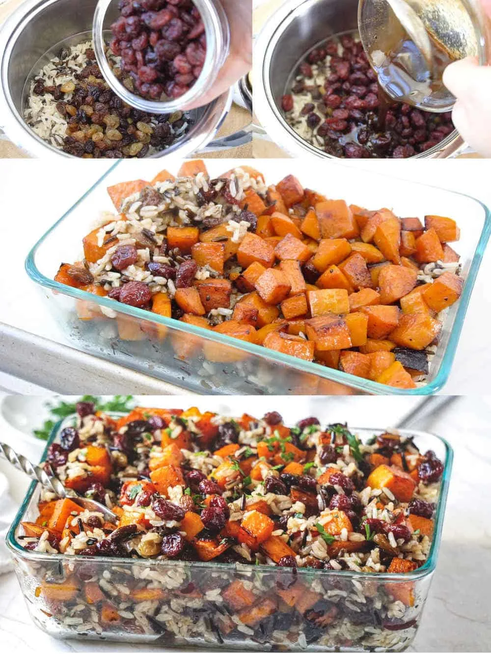 Process shots showing how to make and assemble a healthy vegan butternut squash casserole with roasted sweet potatoes and rice.