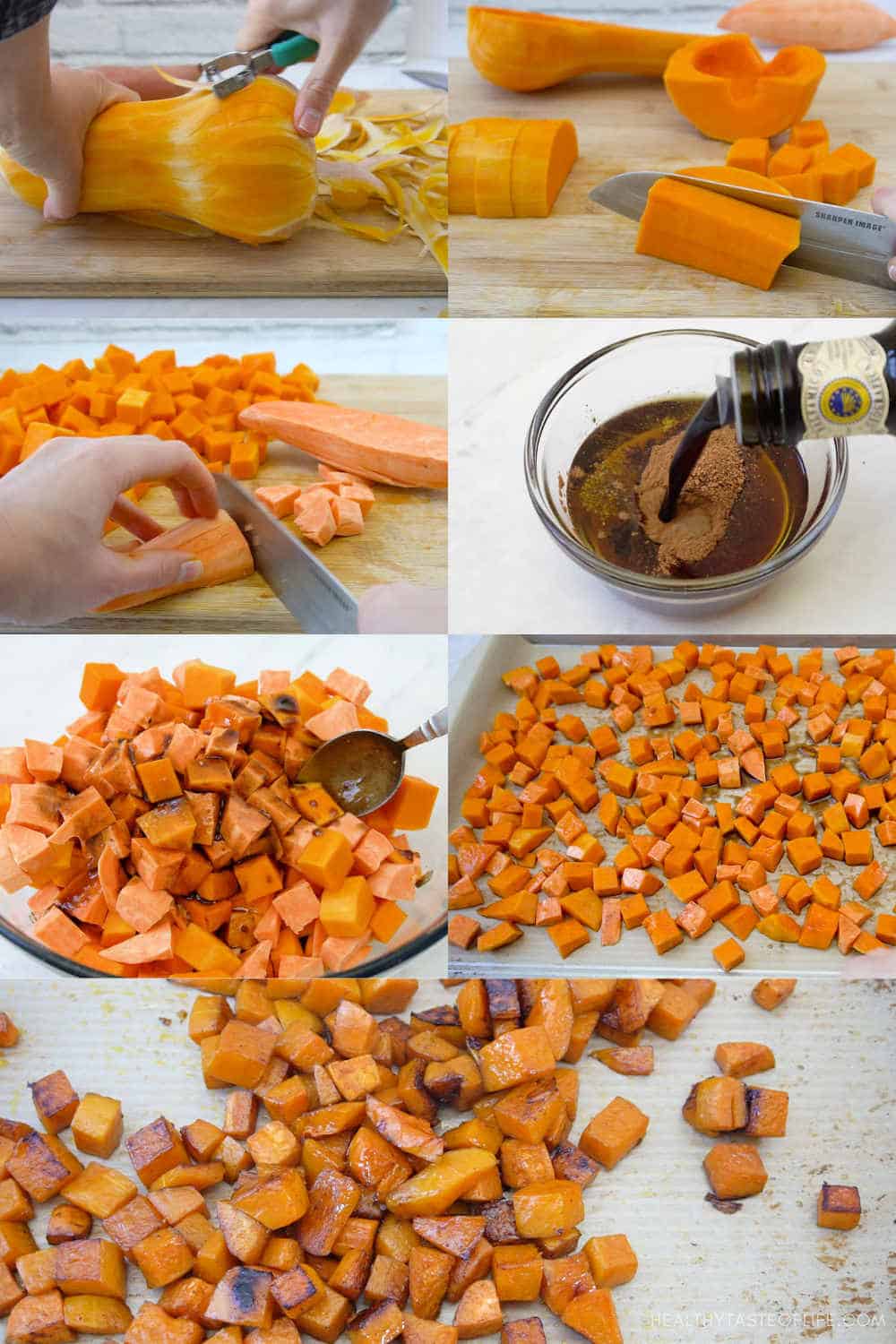 Process shots showing how to get perfect caramelized roasted butternut squash and sweet potatoes for a casserole.