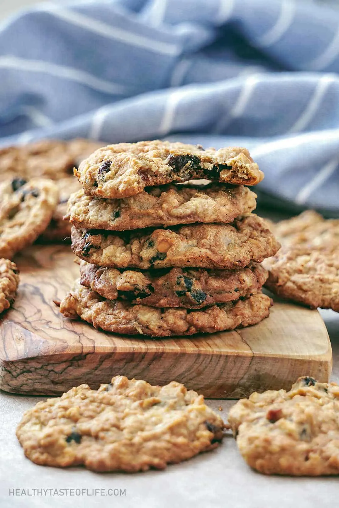 Oatmeal cookies with applesauce and dried fruit without butter stacked.
