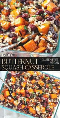 Savory Healthy Butternut Squash Casserole with sweet potatoes and rice finished with a sweet balsamic sauce- perfect as a side dish or as meal during fall or holiday season. This vegan butternut squash casserole is easy to make, full of flavor and it's naturally gluten free and dairy free! #butternutsquash #casserole #vegan #healthysidedish #thanksgiving #sweetpotatoes #butternutsquashcasserole