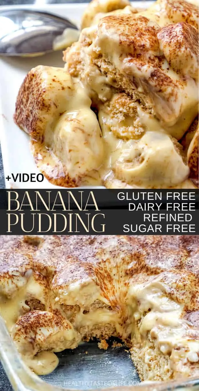 Gluten Free and Dairy Free Banana Pudding Recipe (Healthy, Homemade, Refined Sugar Free + Video). Looking for a gluten free banana pudding dessert? These creamy layers of dairy free vanilla pudding, ripe bananas, and gluten free vanilla wafer cookies are impossible to resist! This gluten free banana pudding is made from scratch with homemade healthy vanilla wafer cookies - crispy, light and crunchy and without refined sugar. #bananapudding #glutenfreebananapudding #dairyfreebananapudding #healthy
