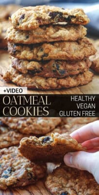 Healthy Vegan Oatmeal Cookies With Applesauce that can be made soft and chewy or crispy if baked longer. No vegan butter, no dairy, no eggs, simple, easy healthy vegan oatmeal cookies that can be easily customized. Enjoy these vegan oatmeal cookies as a healthy snack or breakfast, customize them with chocolate chips, seeds, nuts and dried fruits. #oatmealcookies #vegancookies #glutenfreecookies #applesauce #healthy #veganoatmealcookies #dairyfreecookies