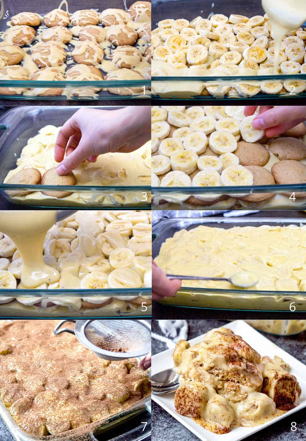 Process shots showing how to make homemade gluten free dairy free banana pudding from scratch.