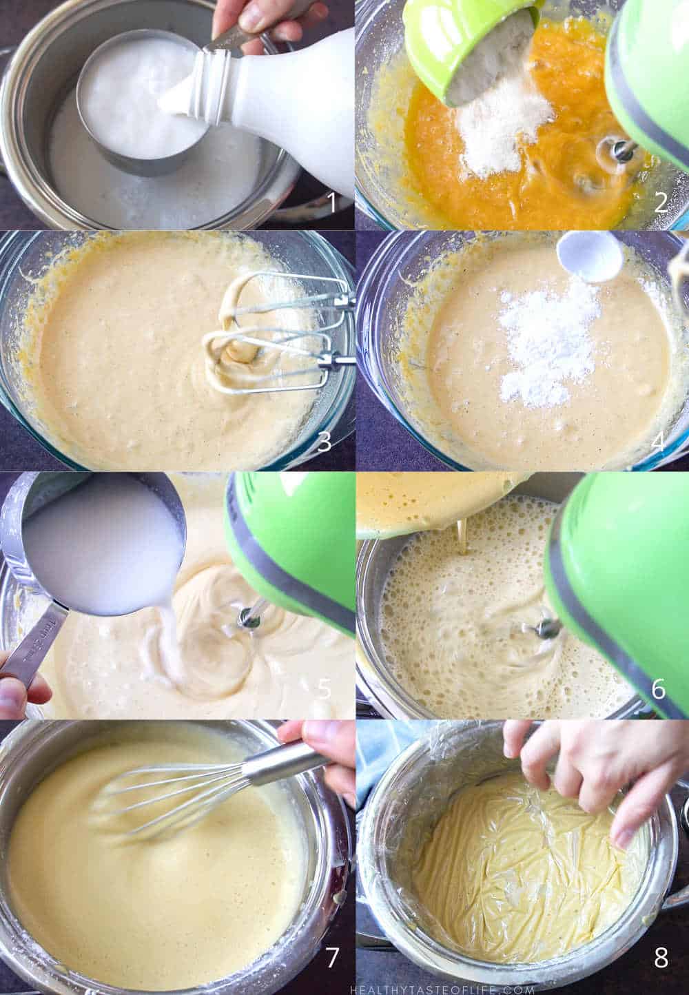 Process shots showing how How to make the dairy free custard for gluten free dairy free banana pudding.
