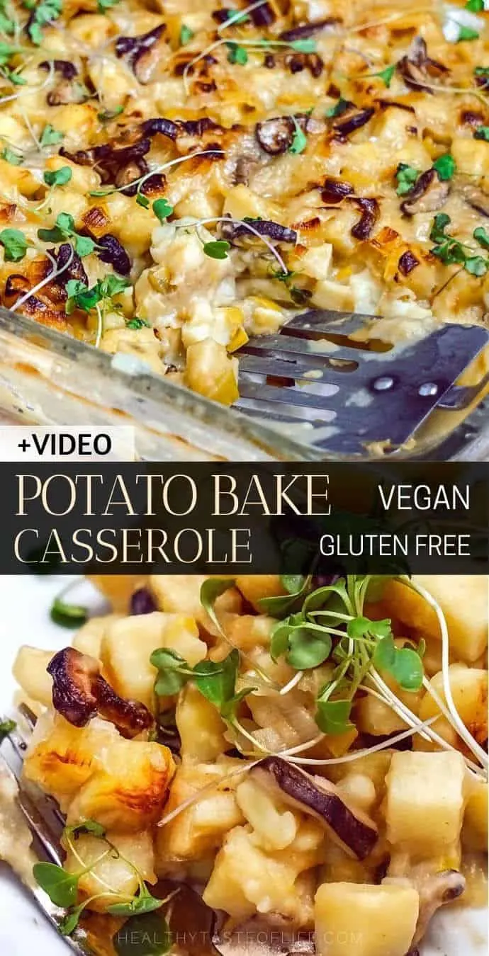 This creamy vegan potato bake recipe (also known as potato casserole or au gratin) with russet potatoes is easy to make because it doesn’t require slicing; it’s healthy gluten free and dairy free. Serve this vegan potato bake as a side dish or as a main dish: either way perfect for a large crowd. #veganpotatobake #potato #vegan #dairyfree #veganpotatorecipes #sidedish #thanksgiving 