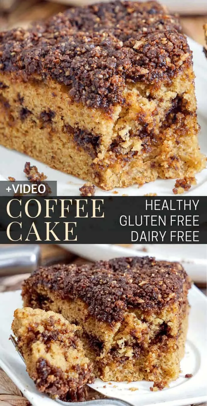 Looking for a gluten free coffee cake recipes? Check out this gluten free coffee cake with a buttery walnut cinnamon crumb. Moist soft and it melts in your mouth. This healthy gluten free coffee cake can be enjoyed as a dessert or breakfast as it doesn't have refined sugar and it's also dairy free. #moist #coffeecake #glutenfree #walnut #cinnamon #healthy #dairyfree