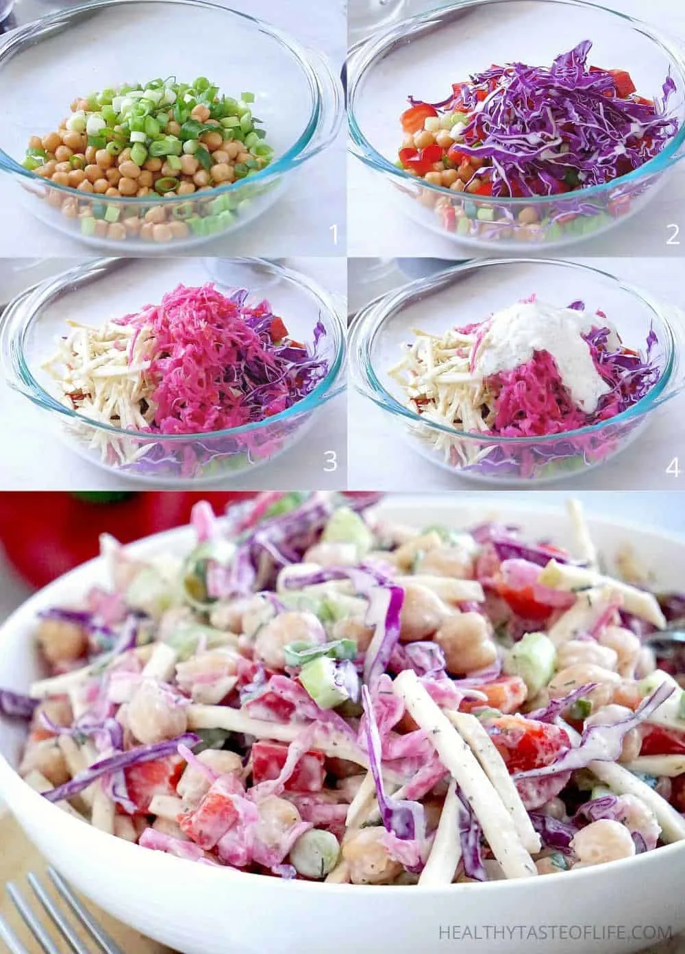 Process shots showing how to make the creamy chickpea salad with cabbage and veggies.