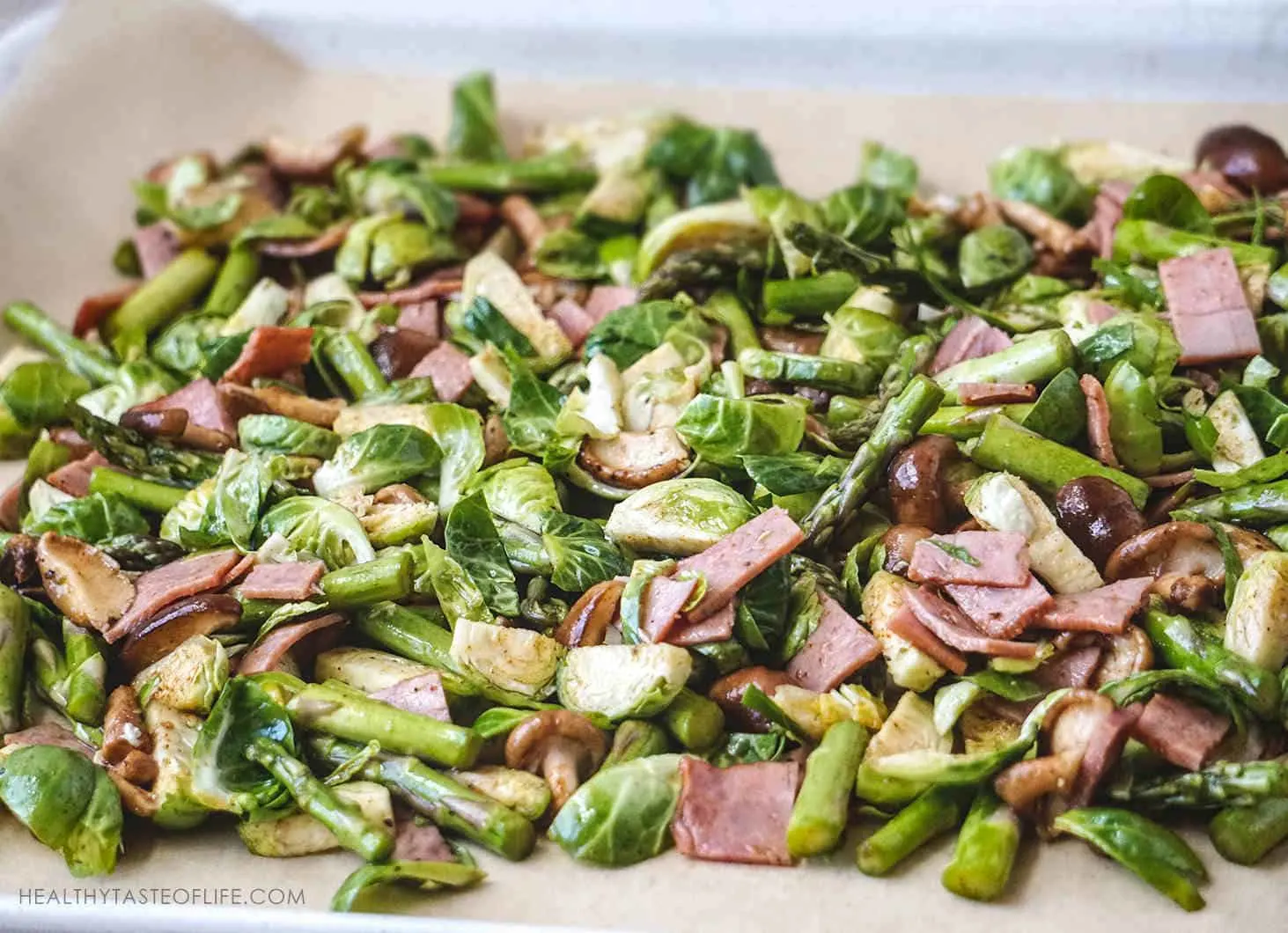 chopped brussels sprouts asparagus bacon shiitake mushrooms