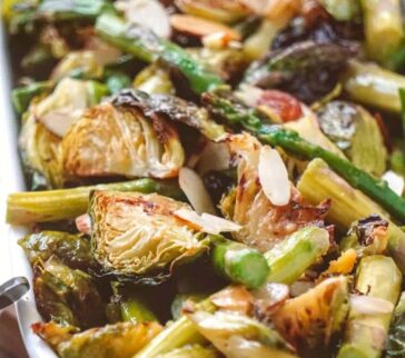 roasted brussels sprouts and asparagus feat image