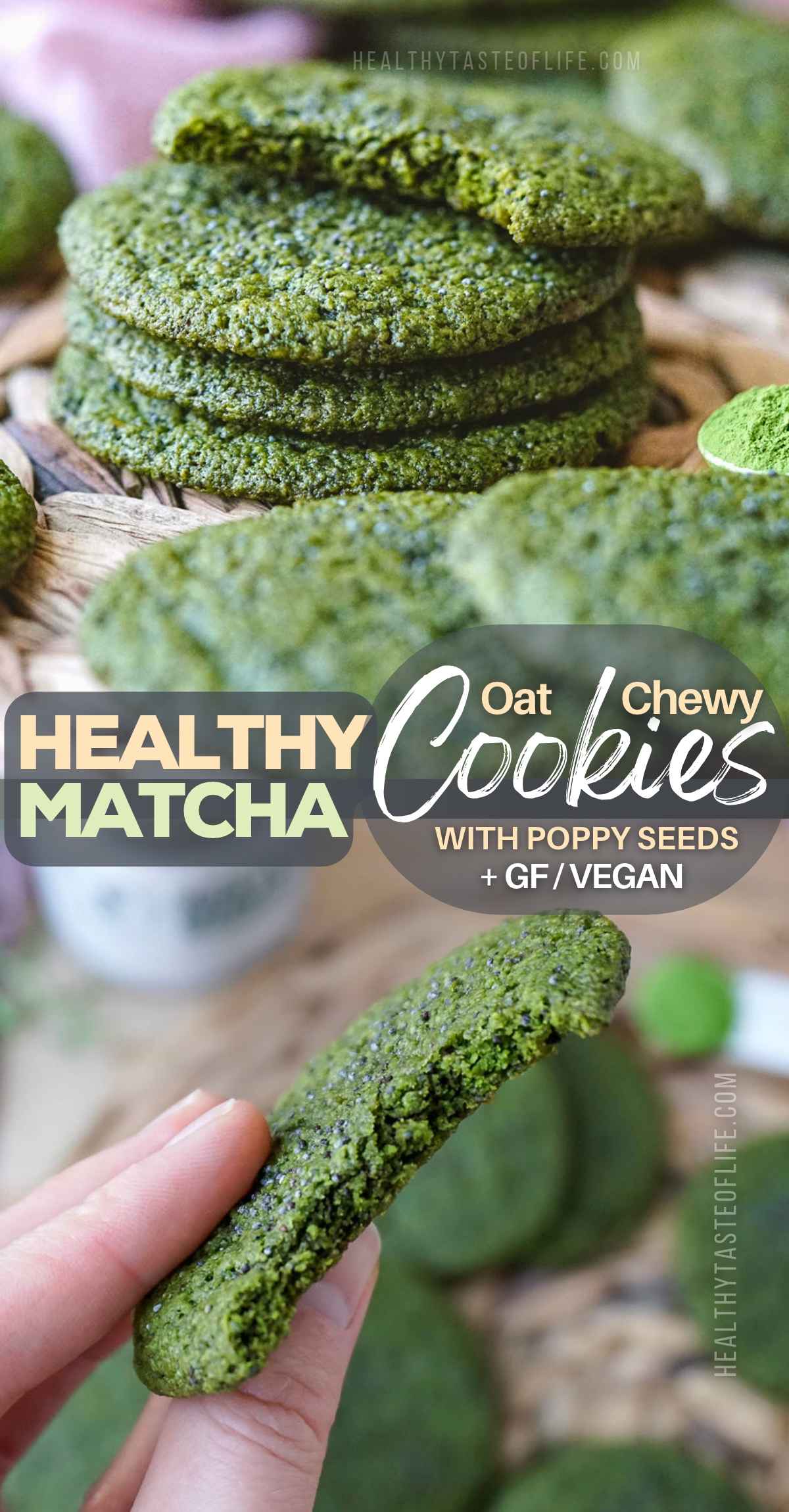 These healthy matcha cookies are crisp around the edges, chewy in the center and naturally green from matcha. Made with oat flour, maple sugar, flax and poppy seeds, this easy matcha cookie recipe is vegan, gluten free and made without refined white sugar. Add an optional touch of spirulina for a brighter green color. Perfect if you’re looking for matcha oatmeal cookies, matcha oat cookies, healthy green cookies, or a naturally colored treat for St. Patrick’s Day, Christmas, Easter, spring parties or a matcha tea party.