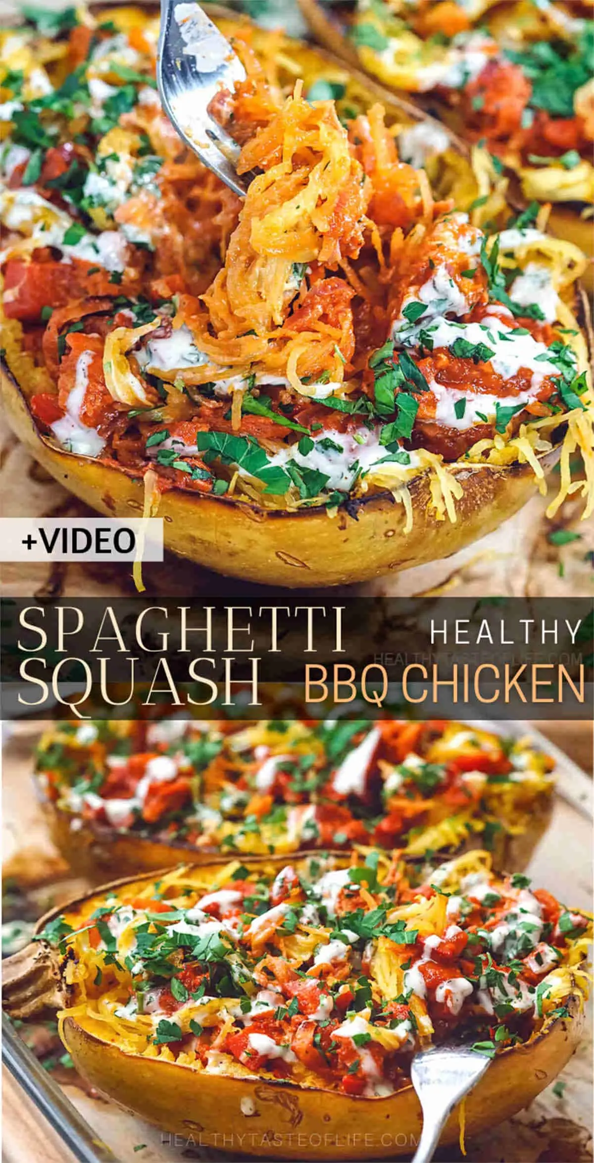 Looking for healthy spaghetti squash recipes with chicken? This healthy chicken spaghetti squash recipe is also low carb, dairy free, gluten free, whole30, paleo and easy to prepare. The sauce complements the baked spaghetti squash beautifully giving it a sweet and tangy flavor. Enjoy as it is, in a bowl or transform into a casserole . See video tutorial. #healthyspaghettisquash #spaghettisquashrecipes #bakedspaghettisquash #chickenspaghettisquash #roastedpaghettisquash #dairyfreespaghettisquash