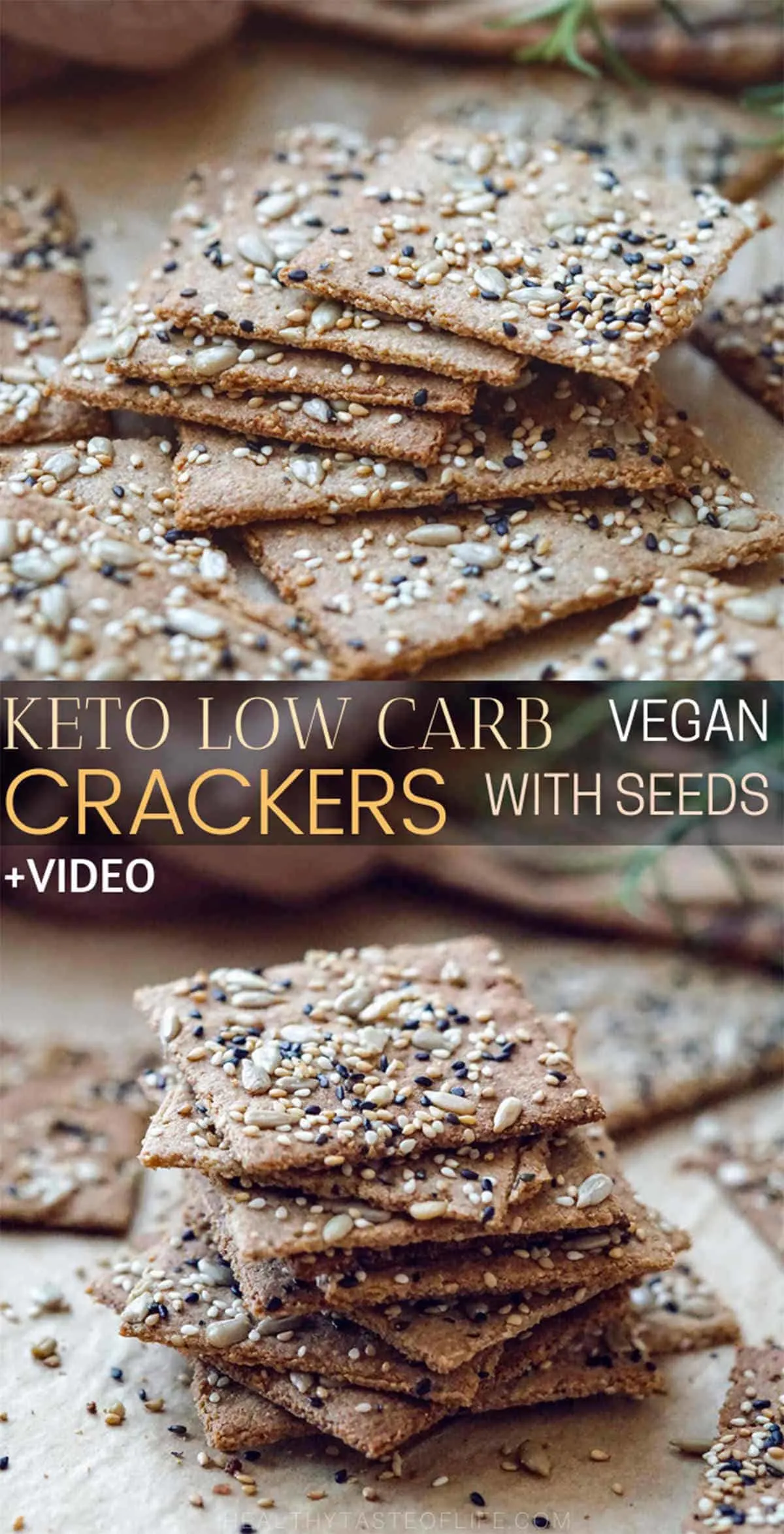 Crispy homemade low carb keto seed crackers recipe (+ video) that's also dairy free, gluten free, grain free, nut free, paleo and vegan. These keto crackers are made with flax seeds, sunflower seeds, sesame seeds healthy fat and grain free flour. A low carb keto snack great for anyone who is following a dairy free, vegan keto diet, no cheese, no eggs and no almond flour here. #ketocrackers #ketoseedcrackers 
#ketocrackersrecipe #vegan #dairyfree #snack #lowcarb#ketocrackersrecipe #vegan #dairyfree #snack #lowcarb#ketocrackersrecipe #vegan #dairyfree #snack #lowcarb