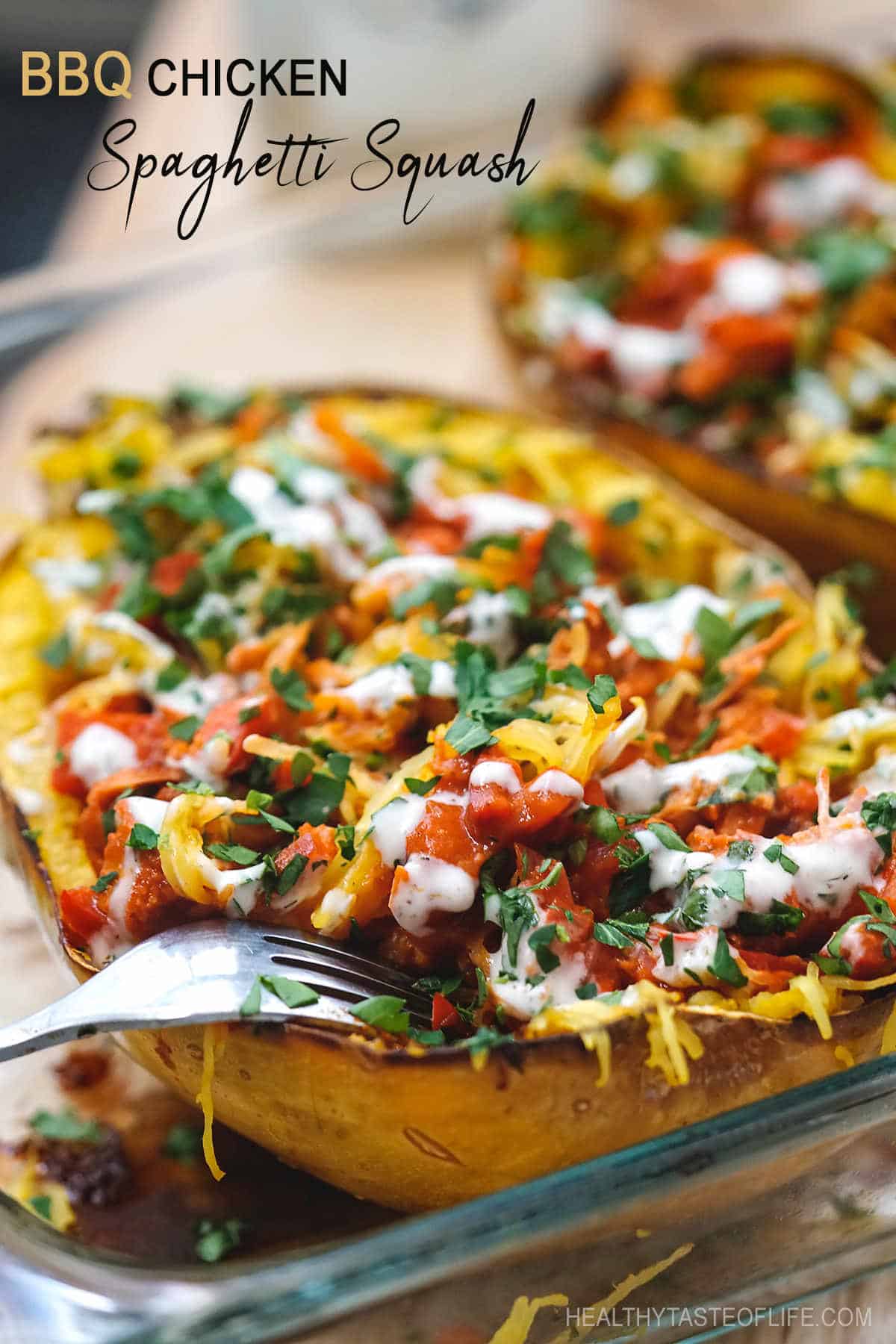 BBQ chicken stuffed spaghetti squash boats – no cheese, dairy free healthy dinner or lunch recipe. Oven baked spaghetti squash stuffed with chicken breast and tossed in a sweet and tangy BBQ  sauce  and finished with a drizzle of creamy dairy free ranch sauce. #bbqchickenspaghettisquash #dairyfreespaghettisquash #spaghettisquashwithoutcheese #bbqspaghettisquash #healthydinner