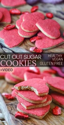 Make these healthy vegan Valentine treats for your Valentine’s Day party! These heart shaped vegan sugar cookies have a nice crisp around the edges, hints of buttery shortbread notes and flavored with strawberries. A vegan valentines day dessert or treat that's also gluten free and healthy! #veganglutenfree #valentinesday #heartshaped #glutenfreecookies #vegancookies #desserts #sugarcookies