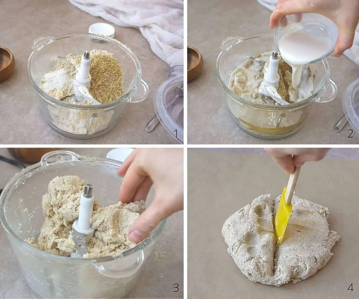 Step by step how to make grain free crackers with cassava flour and tigernut flour in a food processor.