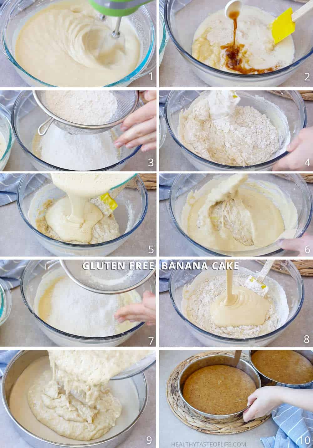 Step by step Process shot Instructions: How to make gluten free banana cake, how to make the batter and prepare it for baking