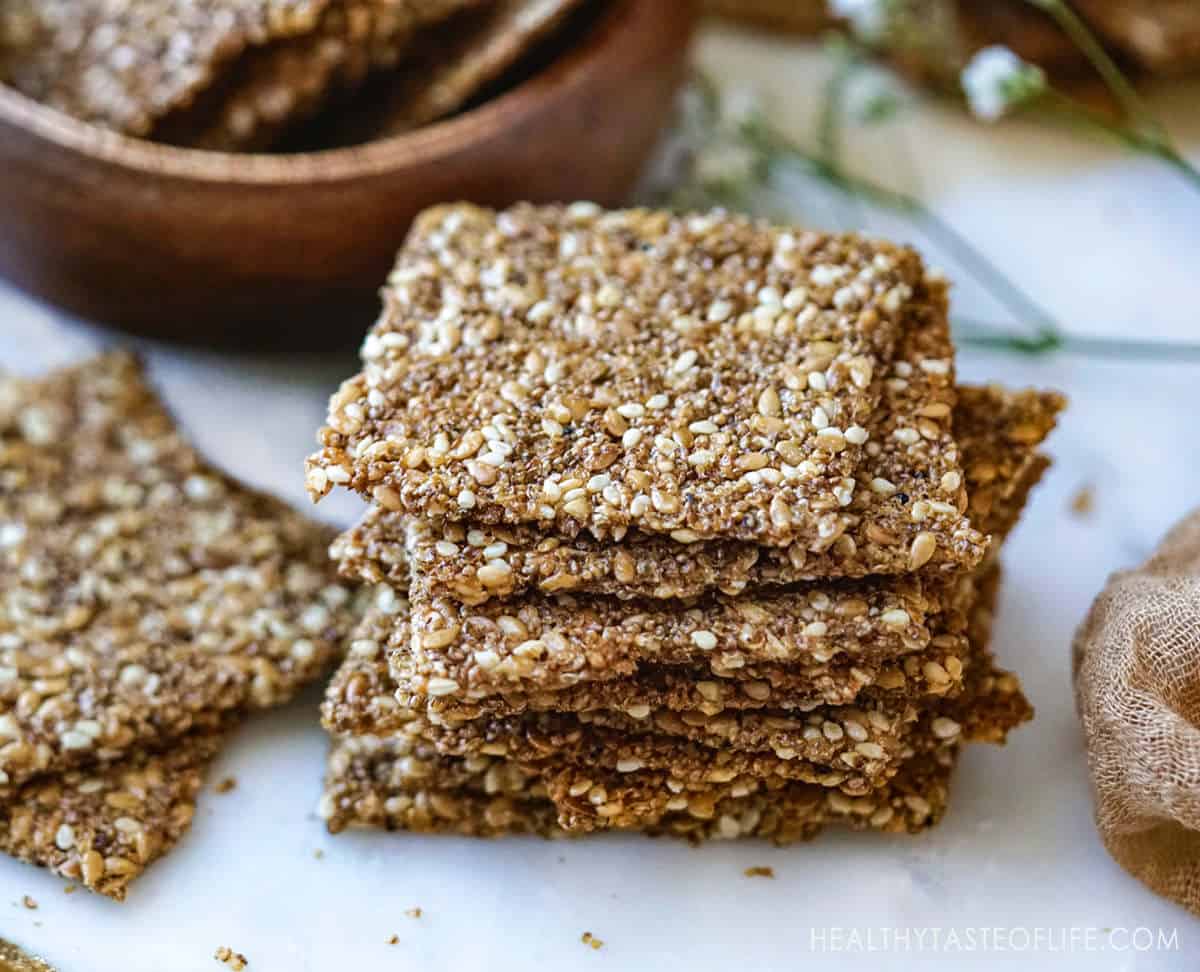 Stacked Popped Amaranth Crackers With Seeds. Puffed Amaranth Snack.
