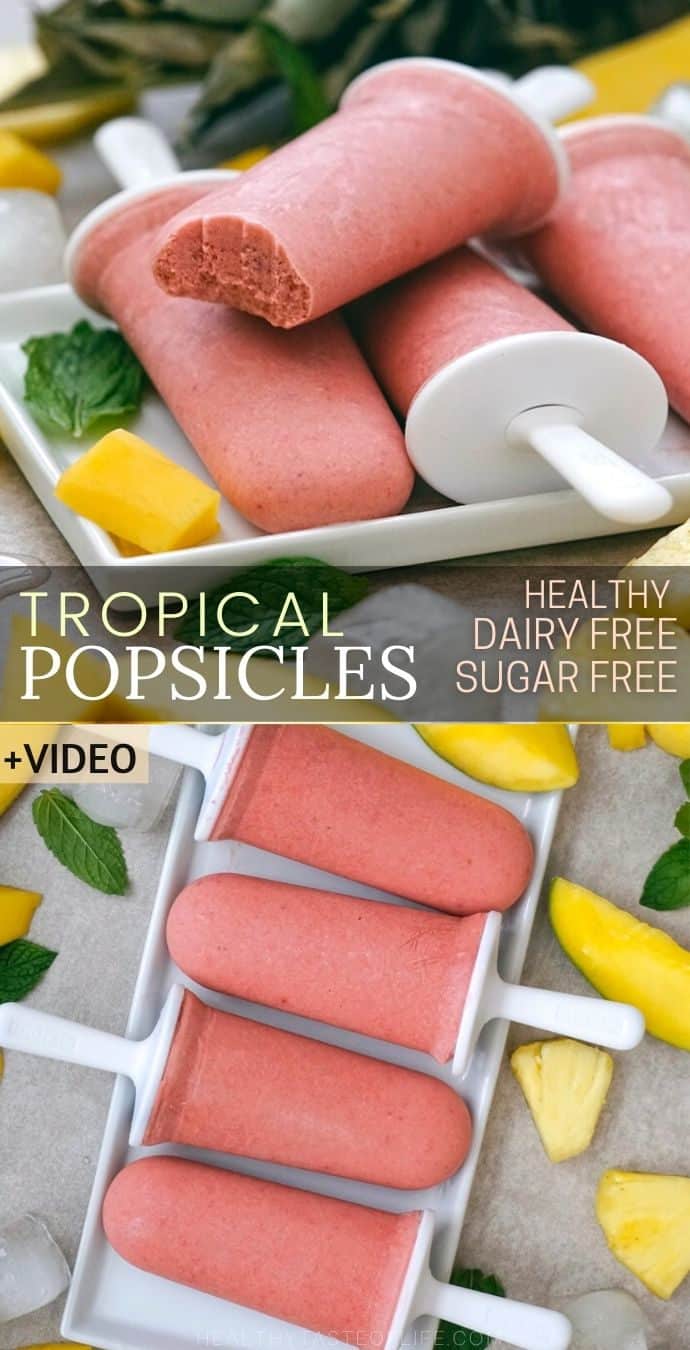 Healthy tropical popsicles - made with only whole fruits like mango, pineapple, banana and strawberry, no sugar added, no juice and no dairy. These tropical fruits popsicles are delicious and creamy and have only 5 ingredients - perfect for kids or adults during hot summer days. 