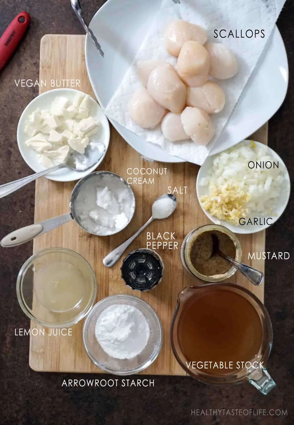 Ingredients for making scallops in a dairy free cream sauce.