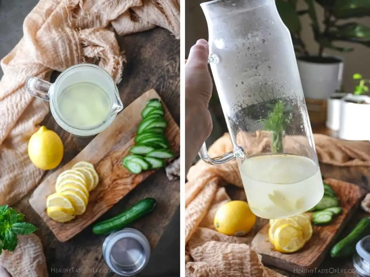 Step by step photo showing how to make cucumber lemon ginger water, first by steeping the ginger to extract it's benefits.