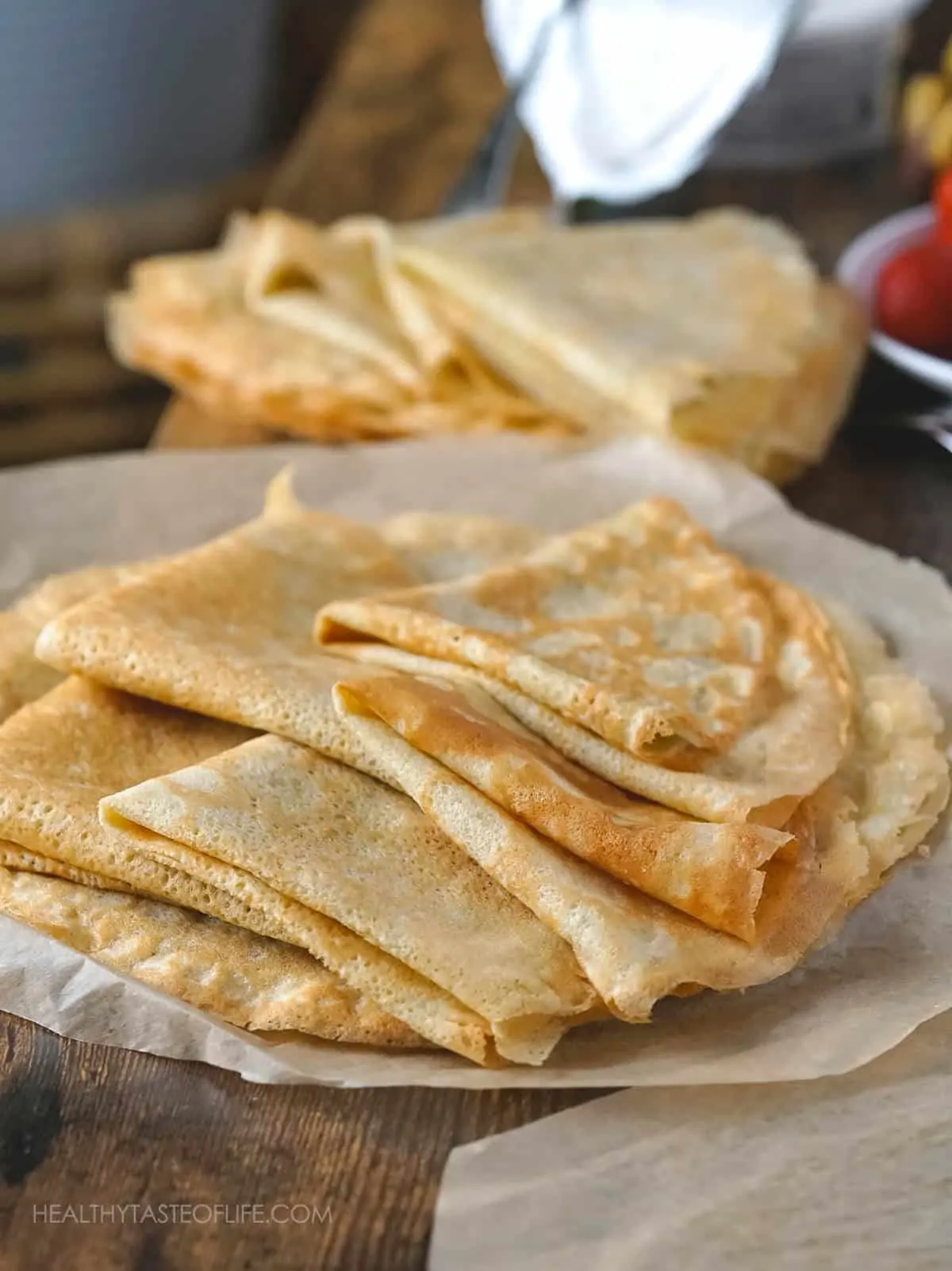 Gluten free dairy free crepes made in a blender served sweet or savory.
