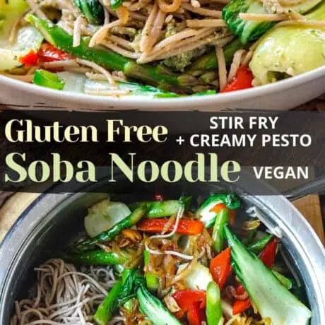 A gluten free soba noodles stir fry with basil pesto that is simple, fresh and full of flavor plus comes together in under 30 minutes. This gluten free soba noodle recipe is also dairy free and vegan friendly. The combination of buckwheat taste of the soba noodle, the creaminess of basil pesto and the crunch of stir fried veggies like bok choy and asparagus makes a delicious week night dish. #sobanoodles #glutenfree #vegan #mainmeal #sobastirfry #buckwheatnoodles #stirfrysoba #buckwheatpasta