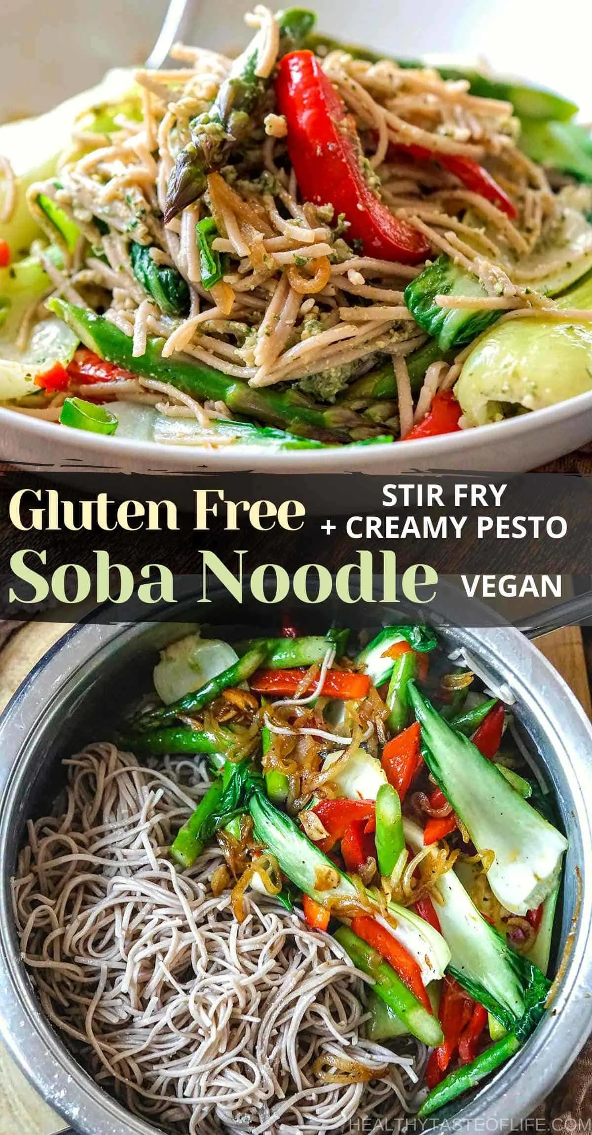 A gluten free soba noodles stir fry with basil pesto that is simple, fresh and full of flavor plus comes together in under 30 minutes. This gluten free soba noodle recipe is also dairy free and vegan friendly. The combination of buckwheat taste of the soba noodle, the creaminess of basil pesto and the crunch of stir fried veggies like bok choy and asparagus makes a delicious week night dish. #sobanoodles #glutenfree #vegan #mainmeal #sobastirfry #buckwheatnoodles #stirfrysoba #buckwheatpasta