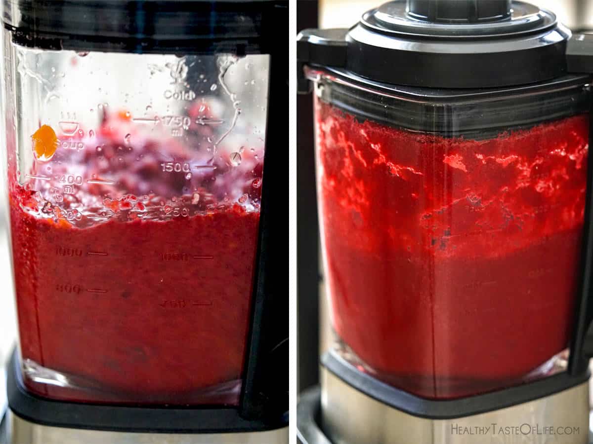 Process shots showing how to blend beetroot and other veggies in a blender to make the beetroot juice.