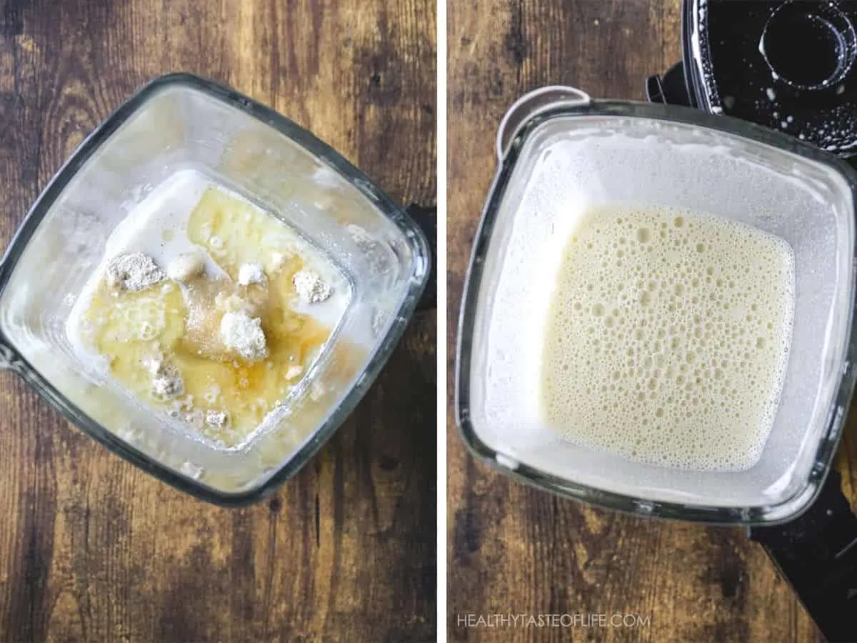 Process shots showing how to make gluten free and dairy free crepe batter in a blender.