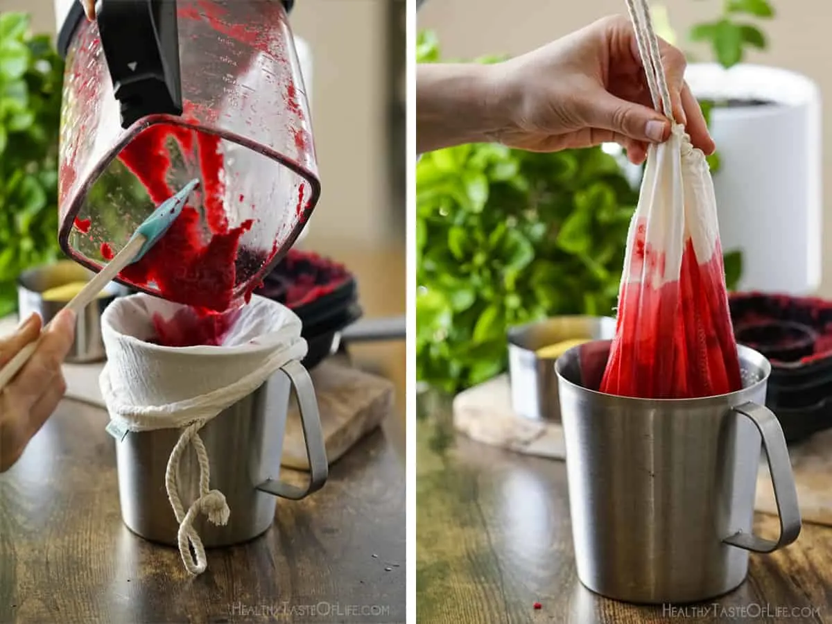 Process shots showing how the beet juice is made in a blender: the blended beetroot and veggie mix is being poured through a mesh bag and showing how is being squeezed.
