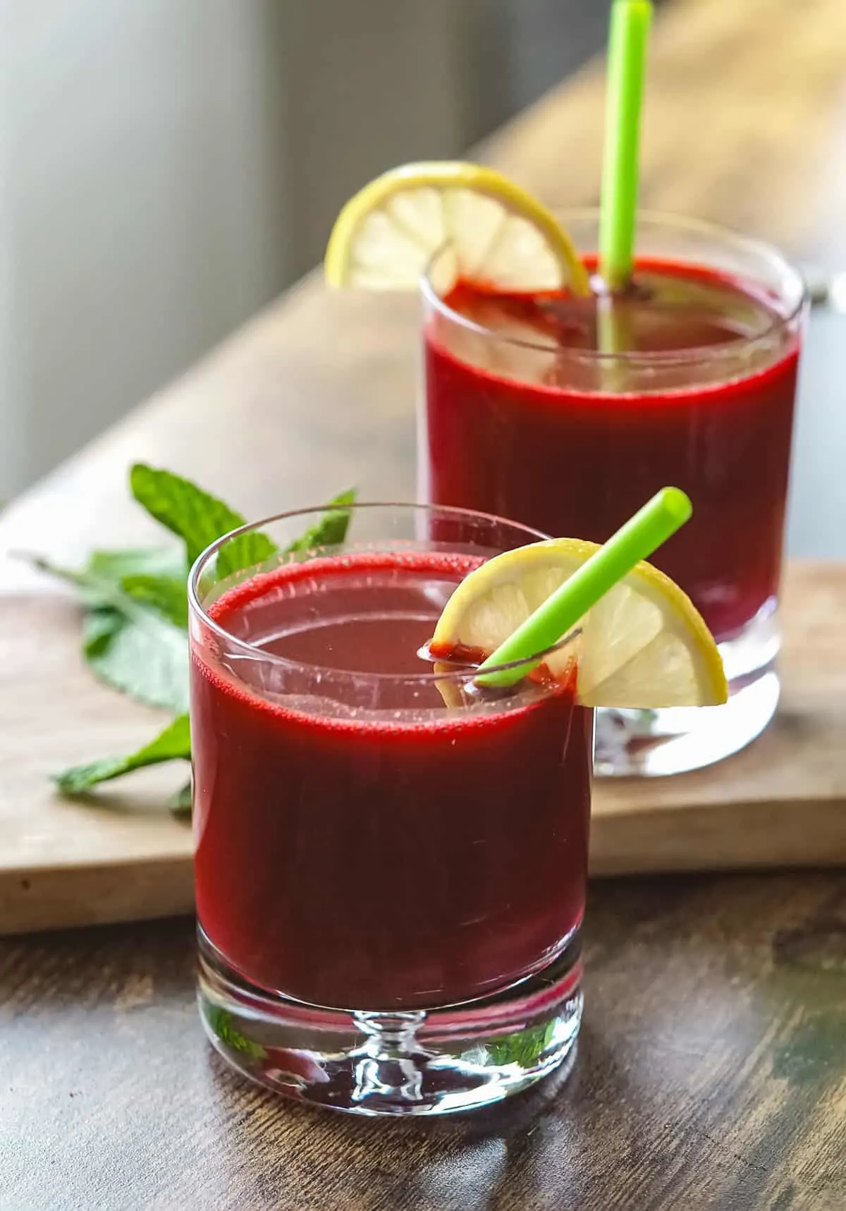 Beet juice blend in a glass, ready to be served.