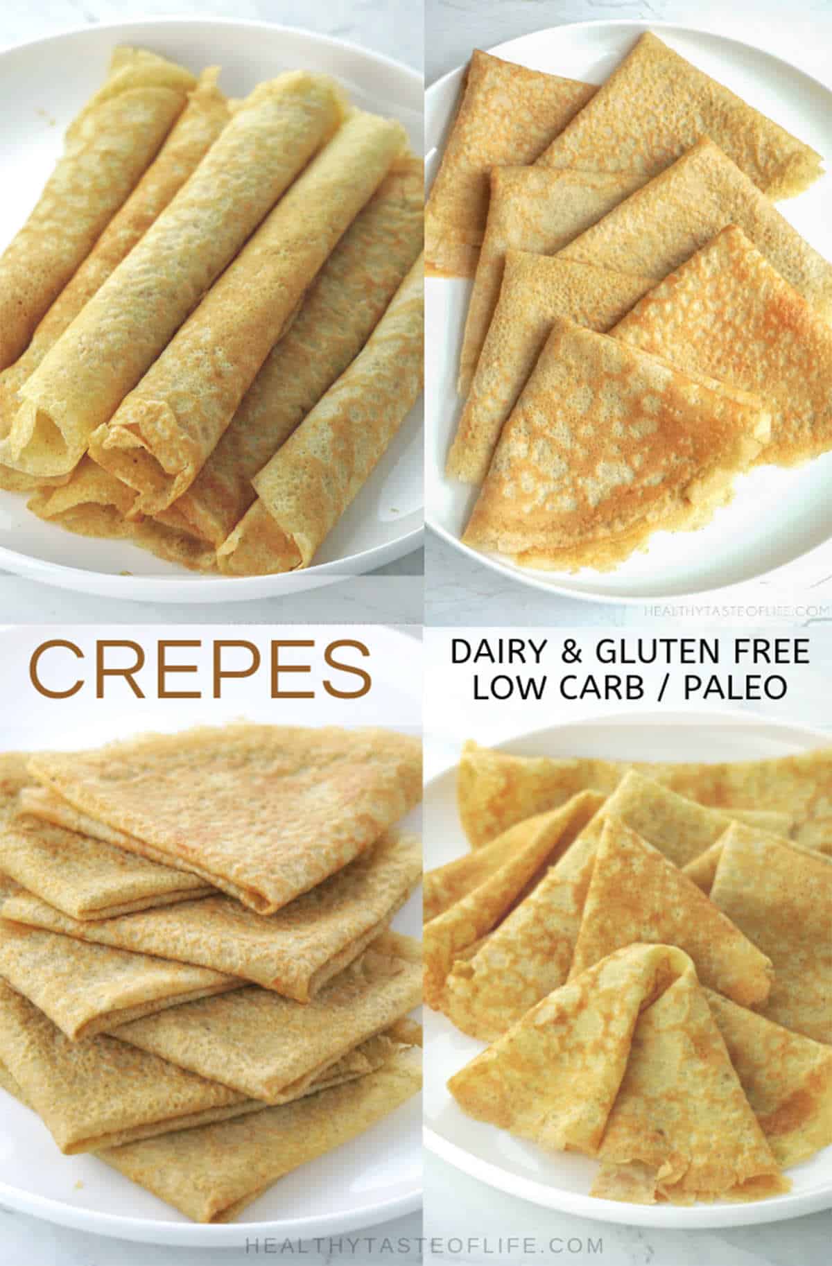 Easy low carb gluten free almond flour crepes that are also dairy free, grain free, keto and paleo compliant. These low carb gluten free crepes come with 3 different sweet & savory filling ideas, perfect for a healthy clean eating breakfast, lunch, dinner, or dessert. #lowcarbcrepes #savory #glutenfreecrepes #grainfreecrepes #dairyfreecrepes #almondflourcrepes  #paleocrepes
