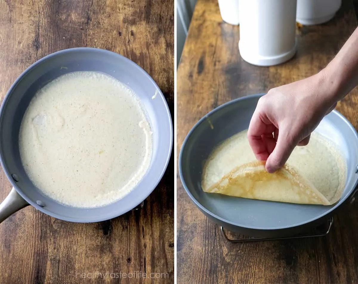 Process shots showing how to cook  dairy and gluten free crepes in a pan.