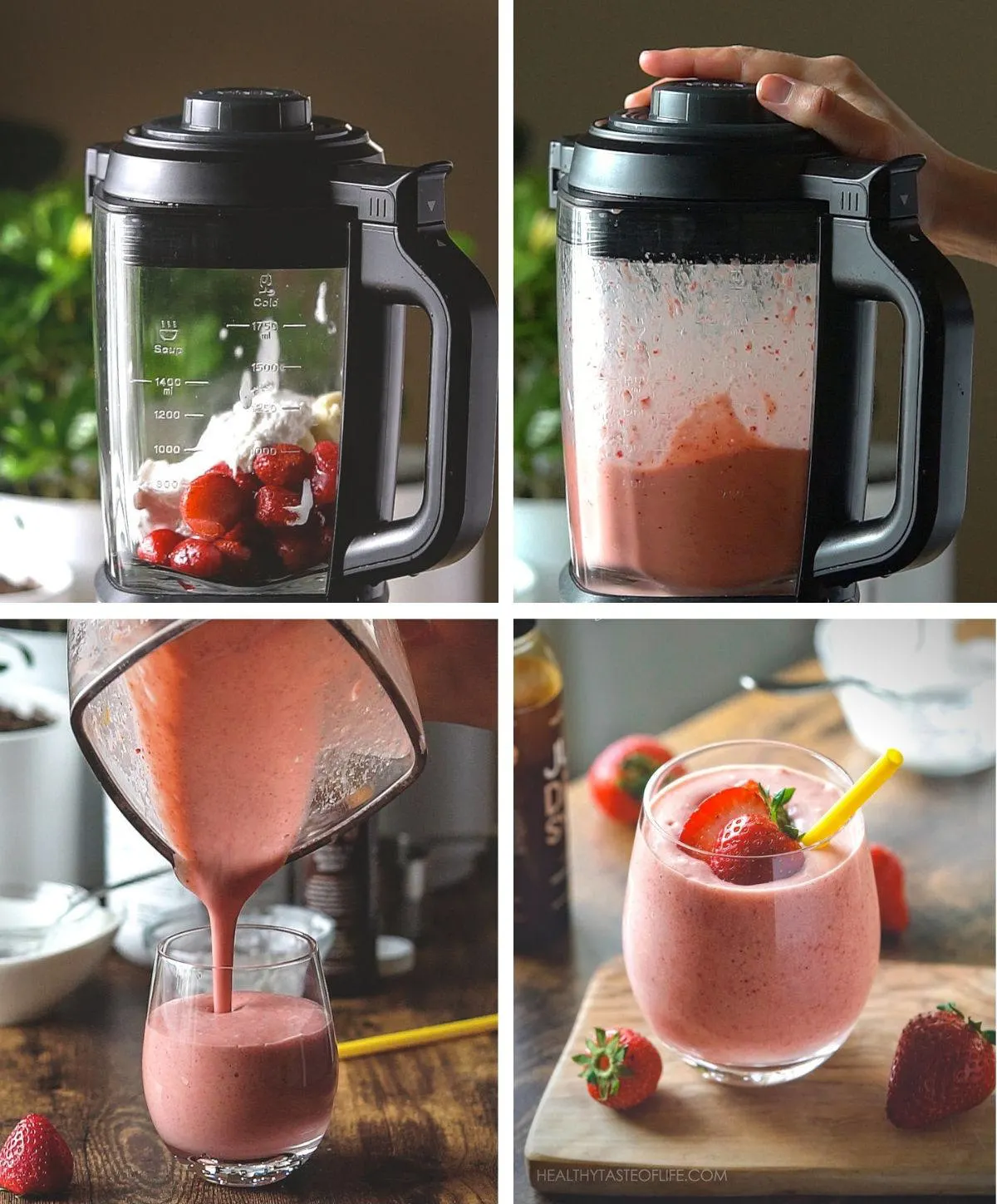 Process shots showing step by step on how to make a strawberry banana milkshake in a blender.
