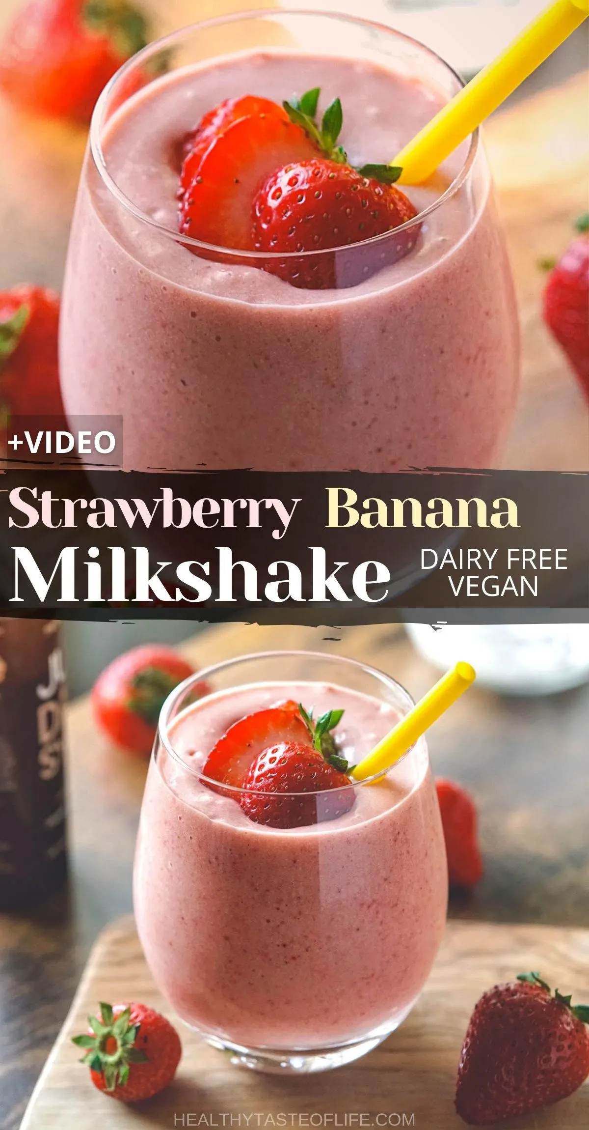 This is a strawberry banana milkshake that can be made with or without ice cream, or yogurt, it's up to you, you can easily customize it to be dairy free and vegan friendly. A thick creamy cold strawberry milkshake dessert flavored with real strawberries and banana perfect for hot summer days. Also check out what to add to make this a healthy strawberry milkshake. #strawberrymilkshake #strawberry #banana #milkshake