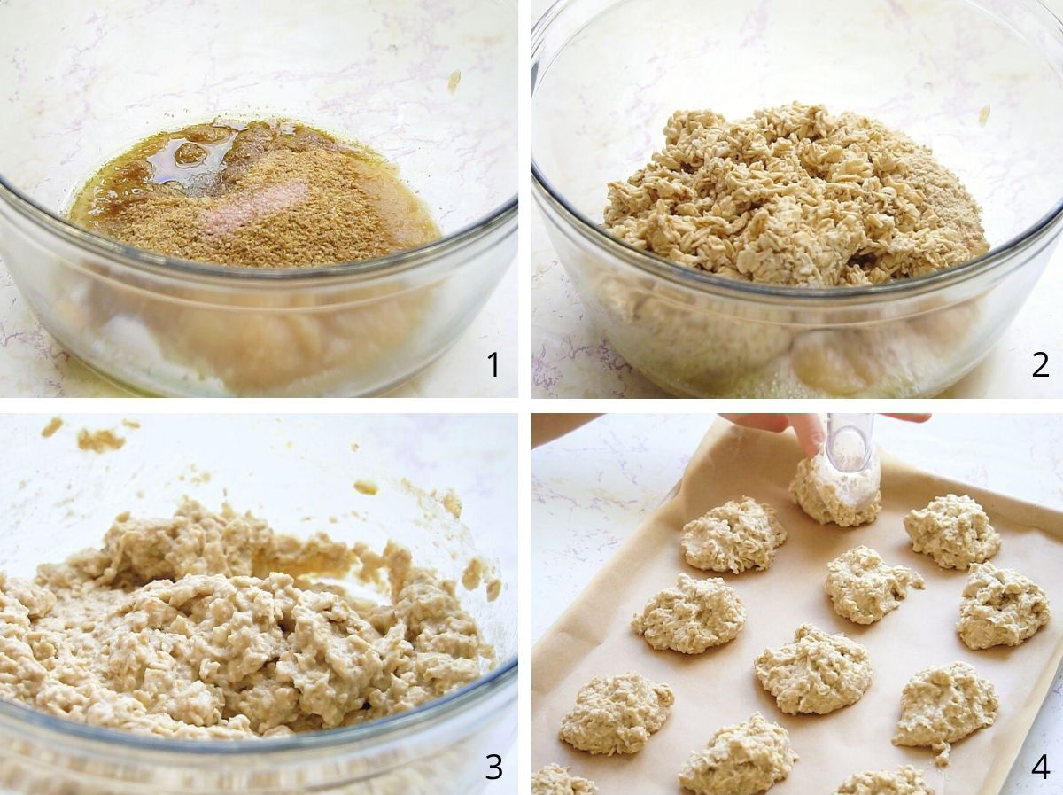 Process shots collage showing step by step how to make healthy eggless oatmeal cookies with blueberry.