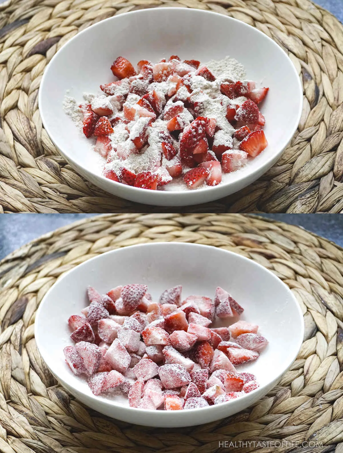 Picture showing a tip on how to coat the frozen strawberries with flour to prevent sinking in the batter.
