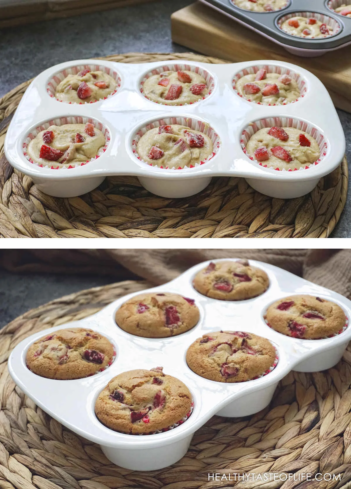 Gluten free strawberry muffin dough in a muffin tin and the baked version result.