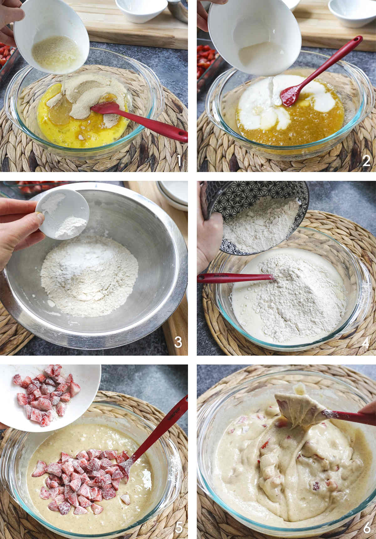 Process shots showing step by step how to make gluten free strawberry muffins.