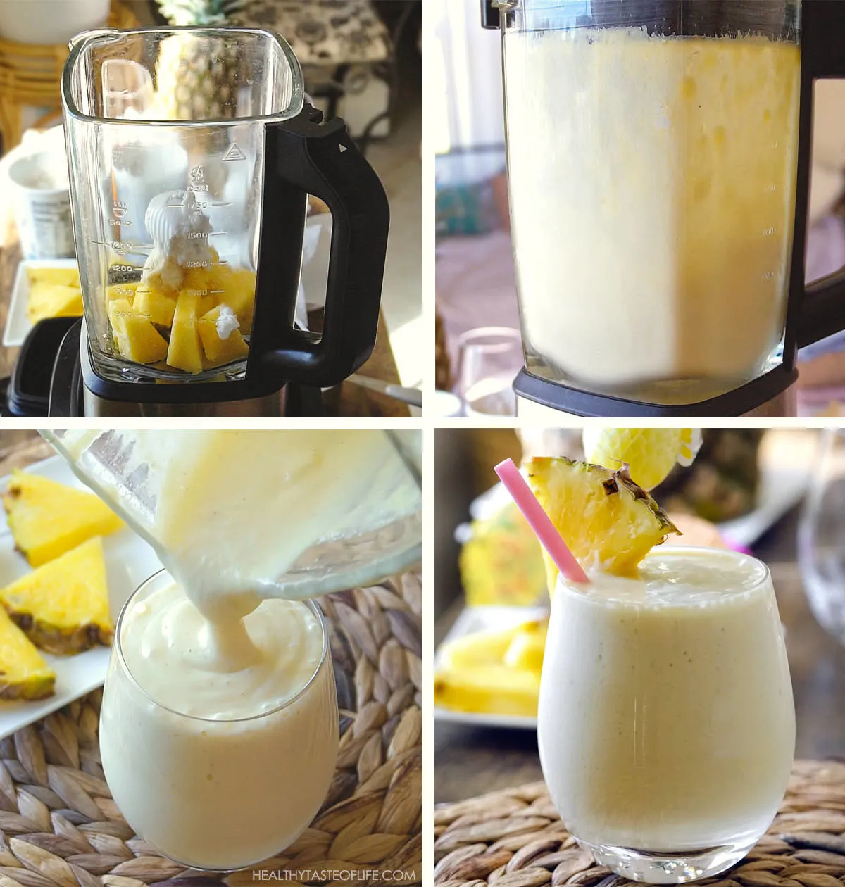 Process shots showing how to make pineapple milkshake with coconut cream and ice cream in a blender step by step. 