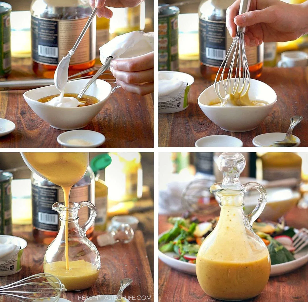Process shots showing steps on how to make a dairy free honey mustard sauce without mayo and honey.
