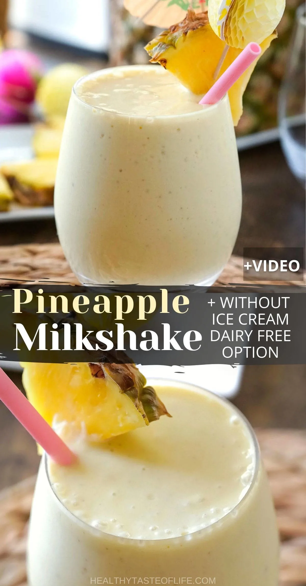 pineapple milk shake with coconut in a glass.