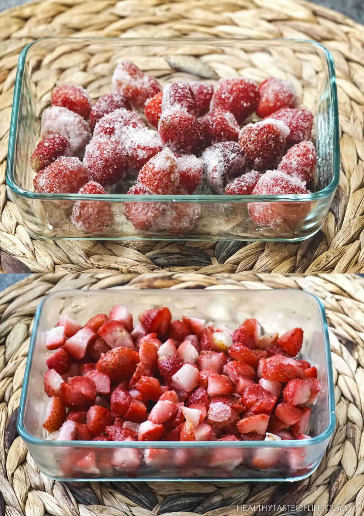 Picture showing how to prepare the frozen strawberries for making strawberry muffins- diced into smaller chunks.