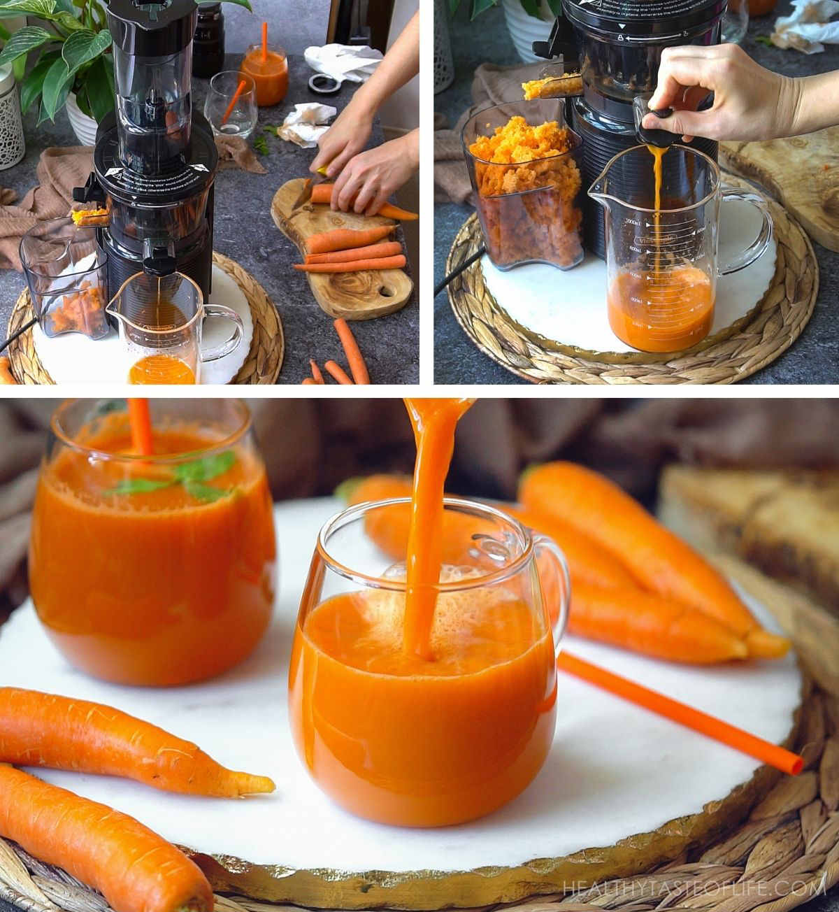 Process shots showing how to make carrot juice with a masticating juicer, and what's the best carrot juicer (best juicer for carrots). Carrot juicer recipe.