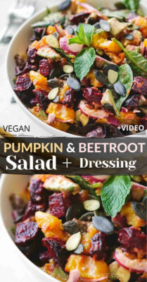 This easy pumpkin and beetroot salad features roasted pumpkin and beets, fresh leafy greens, pumpkin seeds, and a mustard lemon vinaigrette. A beetroot and pumpkin salad that is also gluten free, dairy free, vegan friendly and a perfect vegetarian side dish fit for a holiday table. #beetroot #pumpkin #salad #holiday #sidedish #vegansald #vegetarian #dairyfree