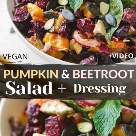 This easy pumpkin and beetroot salad features roasted pumpkin and beets, fresh leafy greens, pumpkin seeds, and a mustard lemon vinaigrette. A beetroot and pumpkin salad that is also gluten free, dairy free, vegan friendly and a perfect vegetarian side dish fit for a holiday table. #beetroot #pumpkin #salad #holiday #sidedish #vegansald #vegetarian #dairyfree