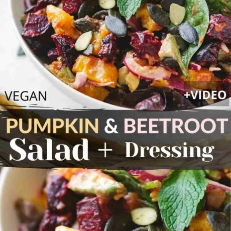 This easy pumpkin and beetroot salad features roasted pumpkin and beets, fresh leafy greens, pumpkin seeds, and a mustard lemon vinaigrette. A beetroot and pumpkin salad that is also gluten free, dairy free, vegan friendly and a perfect vegetarian side dish fit for a holiday table. #beetroot #pumpkin #salad #holiday #sidedish #vegansald #vegetarian #dairyfree