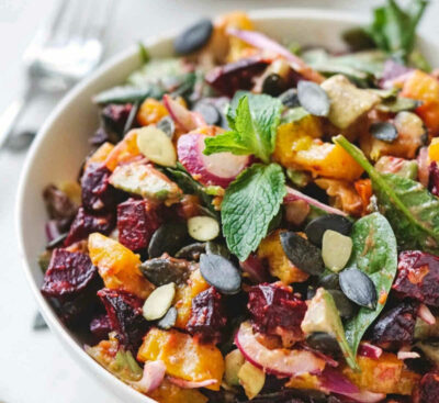 roasted pumpkin and beetroot salad and dressing